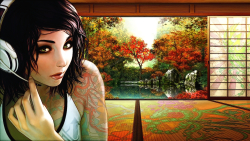 Asian Fantasy Tattooed Blue-eyed Long-haired Brunette Teen Girl Wallpaper #5099