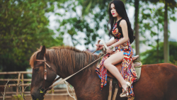 Asian Slim Long-haired Brunette Teen Girl Riding a Horse Wallpaper #6213