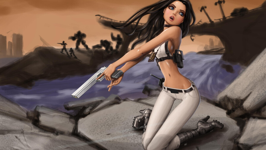 Fantasy Badass Weapon Skinny Blue-eyed Long-haired Brunette Teen Girl Wallpaper #391