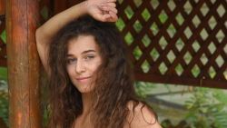Nude Smiling Tanned Blue-eyed Long-haired Kailyn Brunette Teen Girl Wallpaper #023