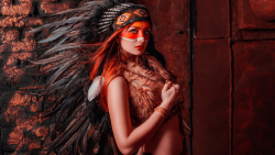 Sexy Slim Blue-eyed Long-haired Native American Red Hair Cosplay Teen Girl Wallpaper #7409